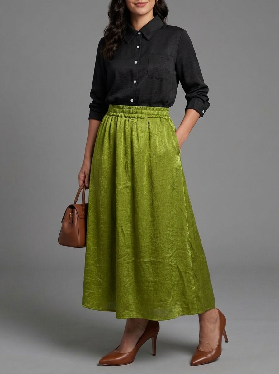 Vera | Two Piece Set Black Blouse Olive Green Midi Skirt