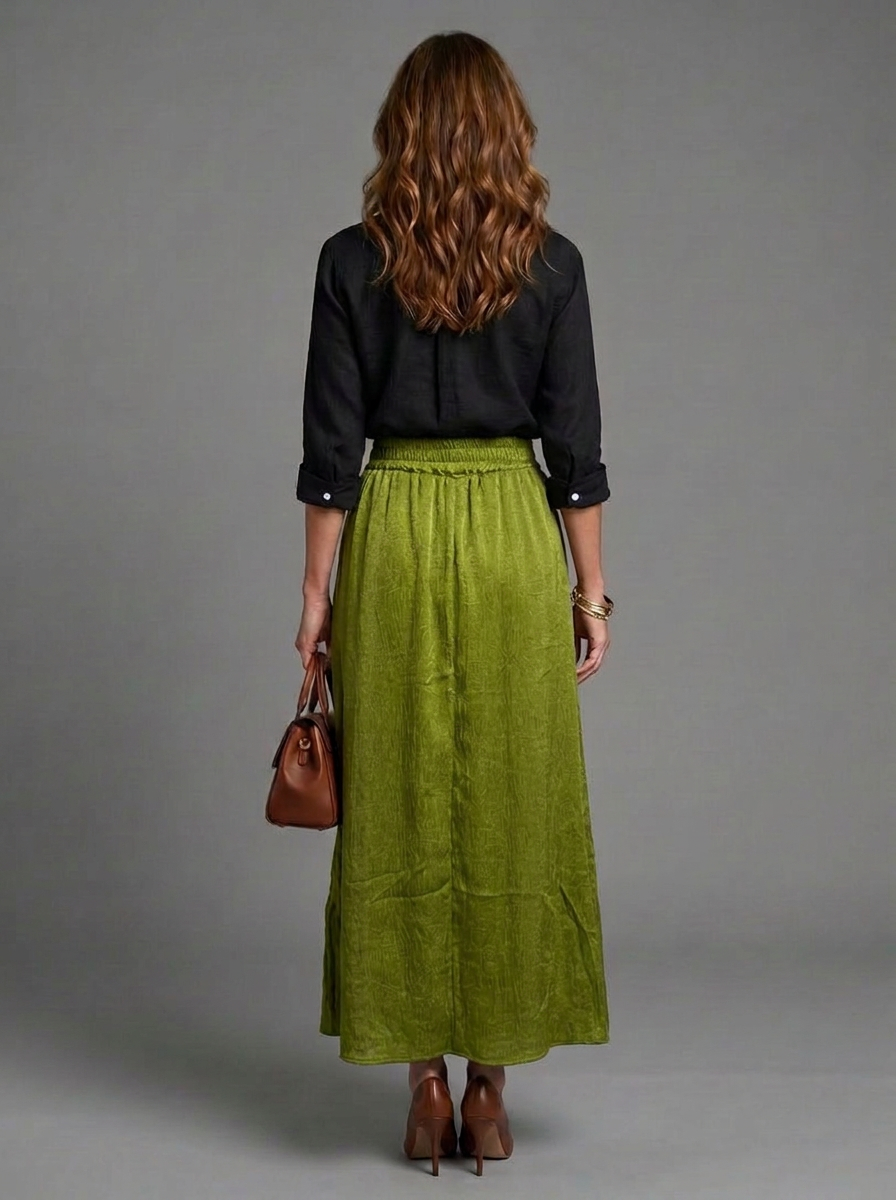 Vera | Two Piece Set Black Blouse Olive Green Midi Skirt