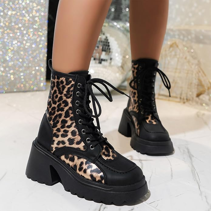 Women’s Lace-up Winter Boots with Scalloped Block Heel and Platform Sole