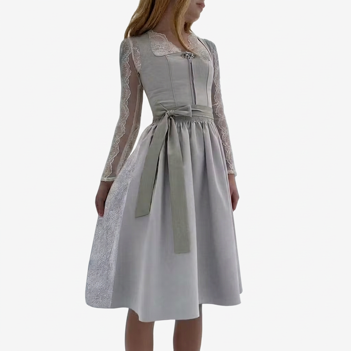 Women’s Lace Sleeve Square-Neck Bow-Waist Midi Dress