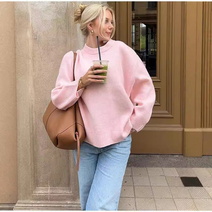 Sweet Crew Neck Sweater for Women, Loose Pullover Top