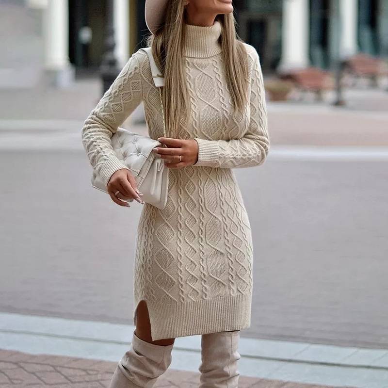 Turtleneck Sweater Dress for Women, Knit Dress with Slit