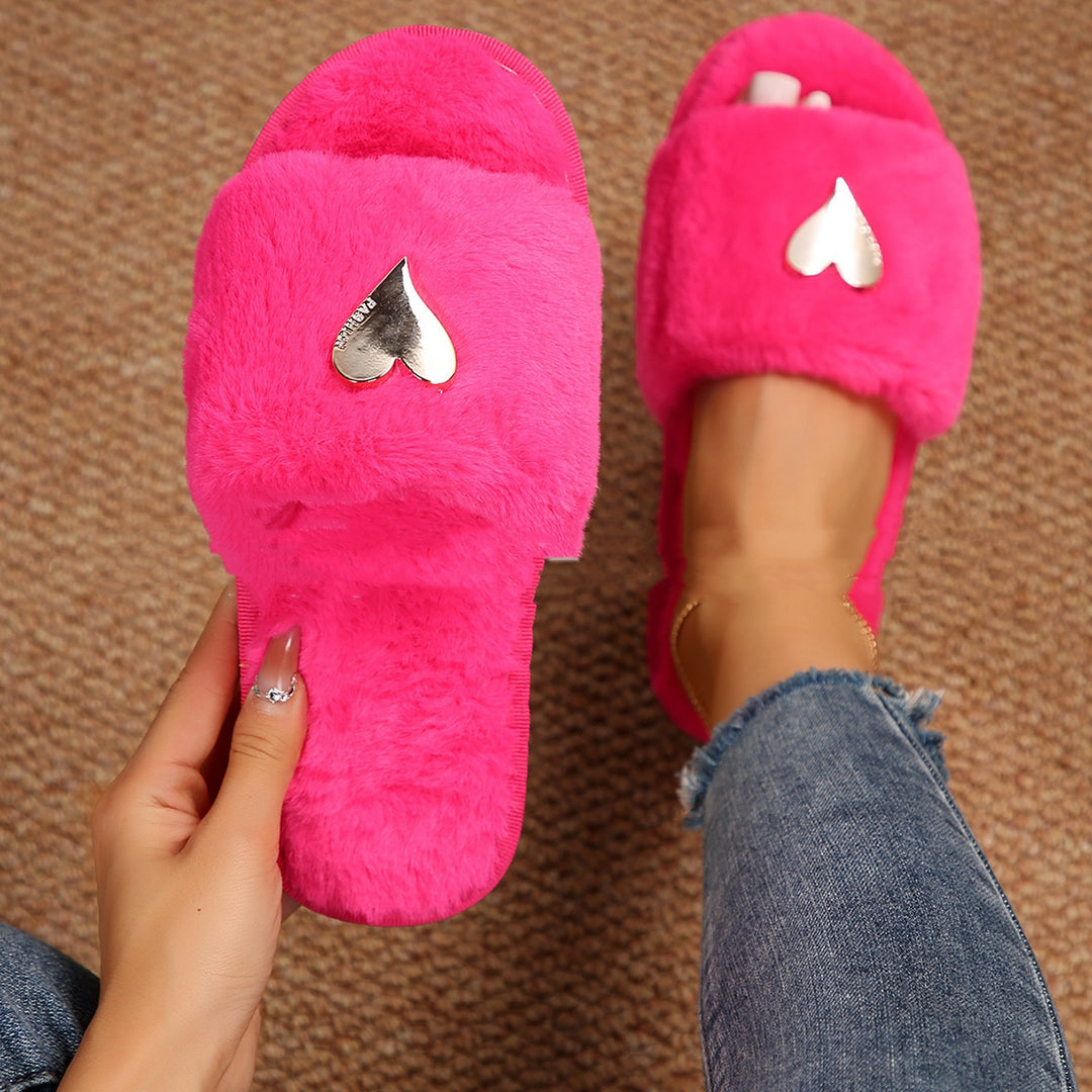 Furry Heart Slippers for Women, Faux Fur Flip-Flop Style