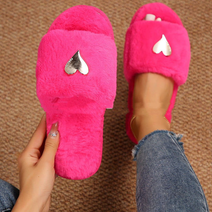 Furry Heart Slippers for Women, Faux Fur Flip-Flop Style