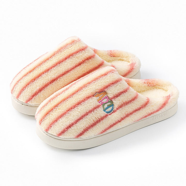 Plush Striped Letter Slippers, Winter Warm Embroidered