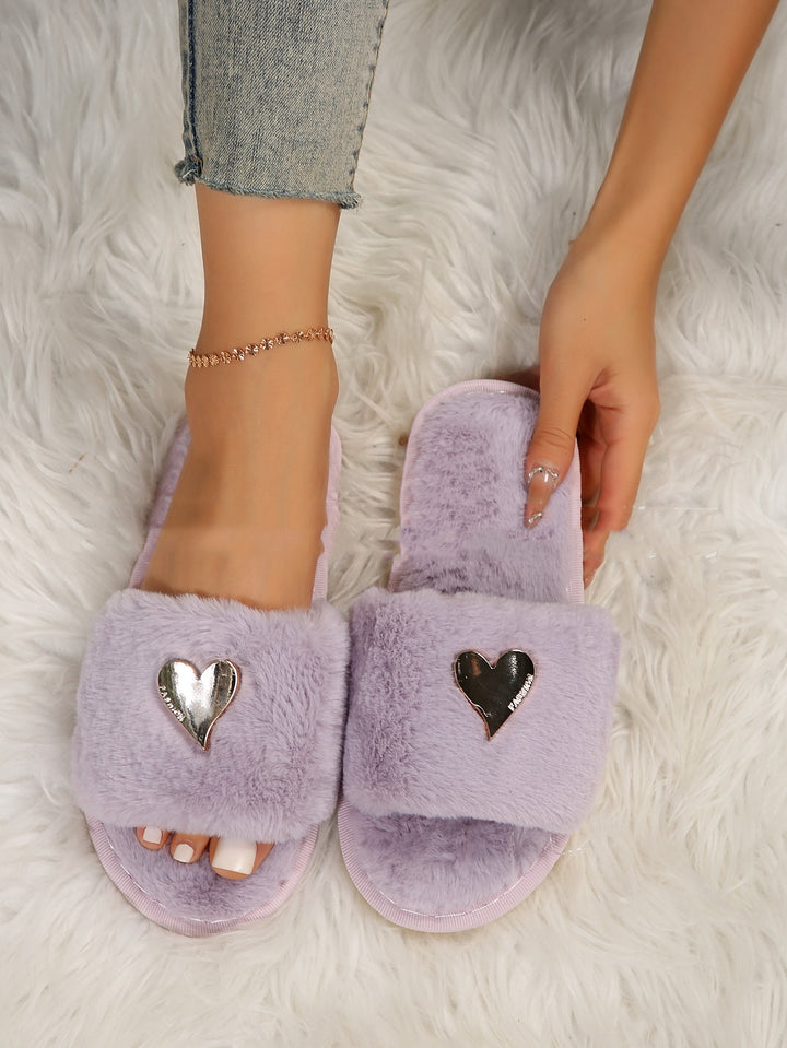 Furry Heart Slippers for Women, Faux Fur Flip-Flop Style