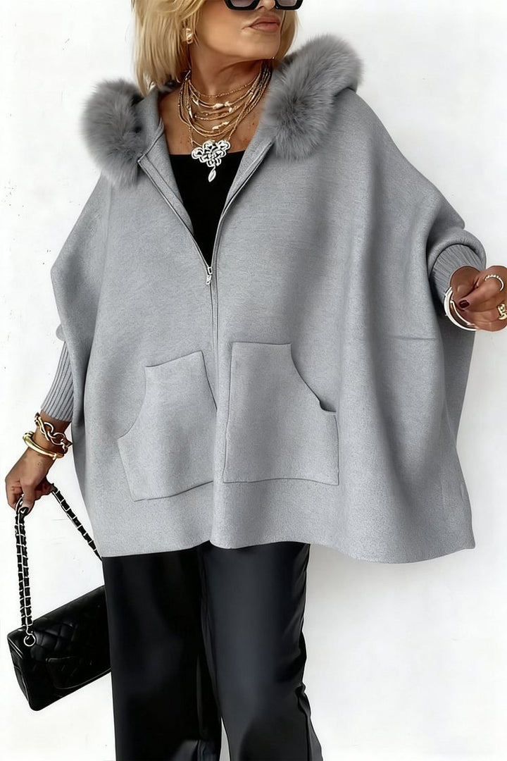 Plush Zip-Up Hoodie with Batwing Sleeves and Pockets