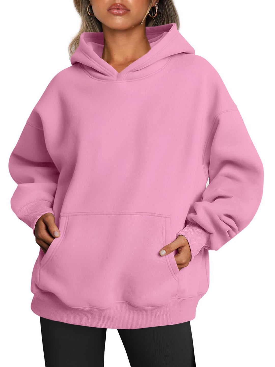 Woman wearing oversized fleece hoodie