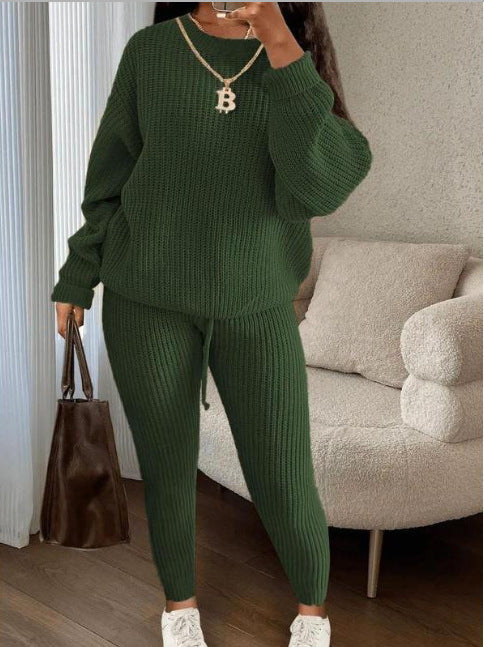Woman in matching ribbed knit sweater and pants set