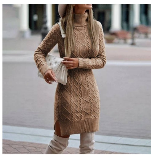 Turtleneck Sweater Dress for Women, Knit Dress with Slit