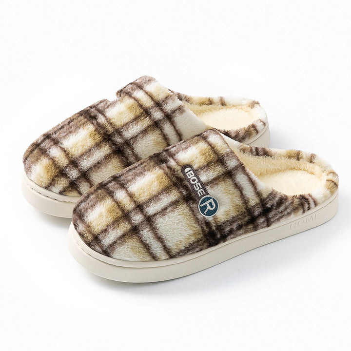 Plush Plaid Cotton House Slippers, Warm and Non-Slip