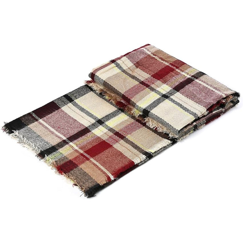 Women's Red Plaid Blanket Scarf with Tassels, Soft Shawl Wrap
