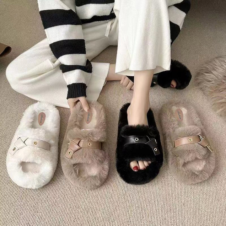 Fluffy Flat Slippers for Women with Leather Ring Detail