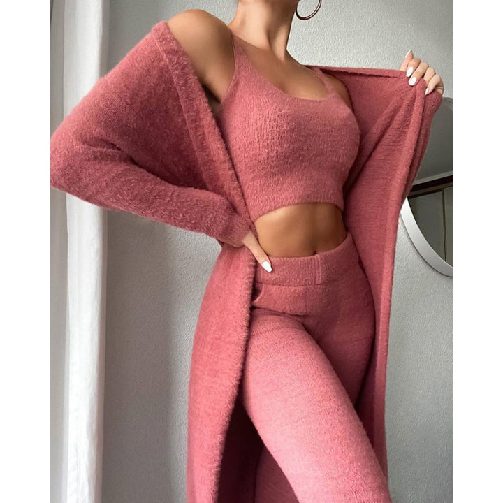 Cozy 3-Piece Pajama Lounge Set with Crop Top and Cardigan