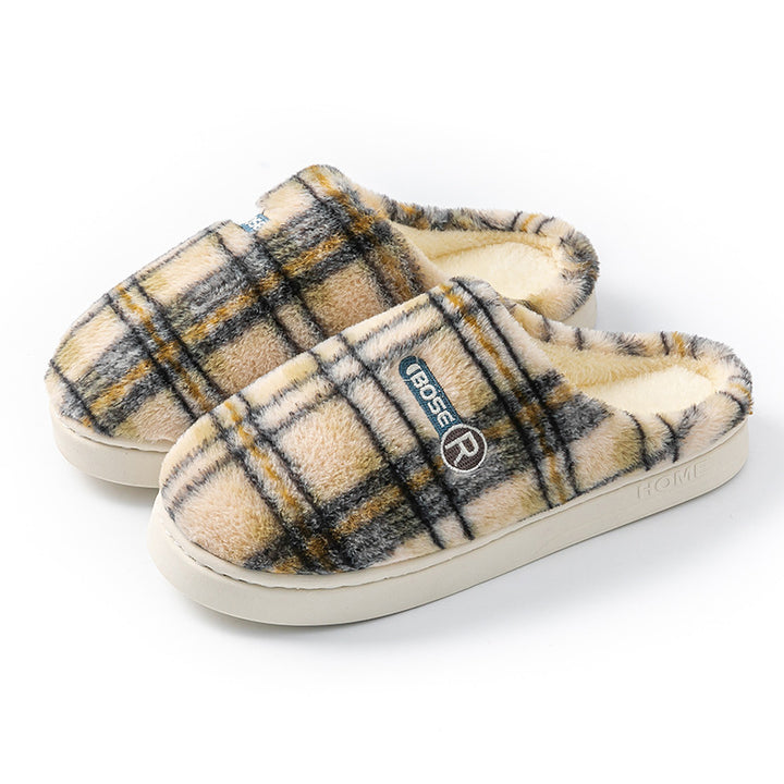 Plush Plaid Cotton House Slippers, Warm and Non-Slip
