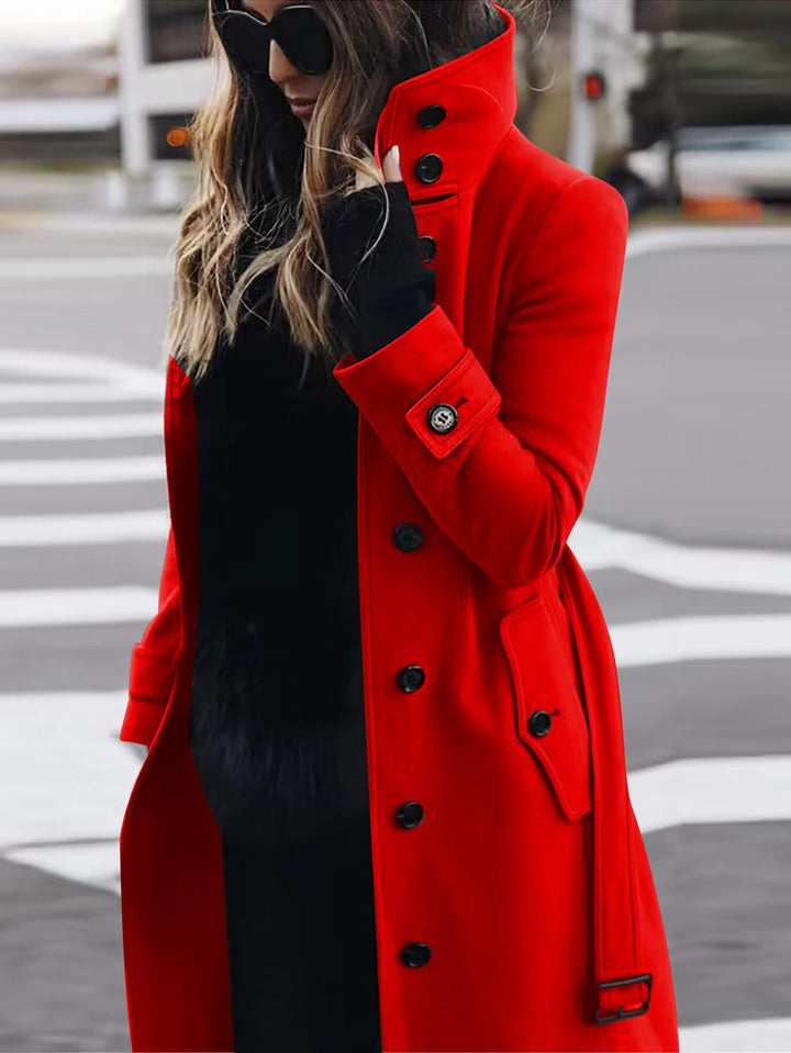 Slim Fit Wool Coat for Women, Stand Collar Single-Breasted Coat