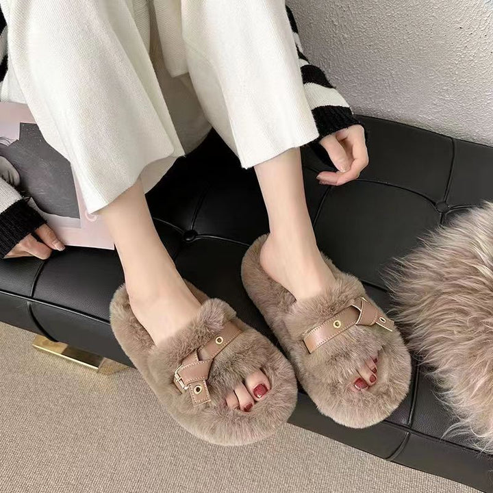 Fluffy Flat Slippers for Women with Leather Ring Detail