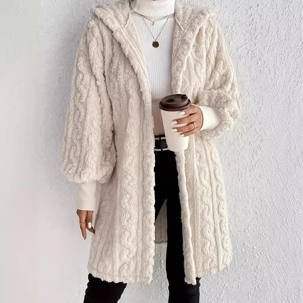 Hooded Teddy Coat for Women, Double-Sided Plush Long Cardigan