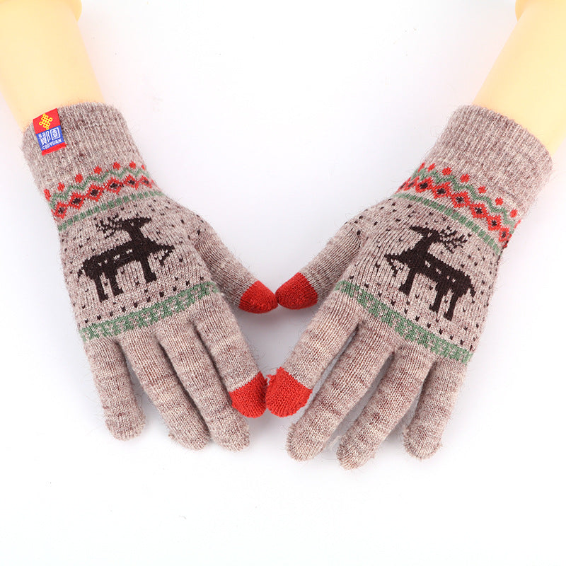 Women's Knit Winter Gloves with Deer and Snowflake Pattern