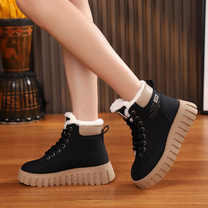 Lace-Up Snow Boots for Women, Fleece-Lined Plush Ankle Boots